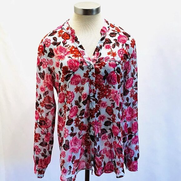 Kut from the Kloth Tops - KUT from the Kloth Women Long Sleeve Button Down Pink Floral Sheer Roll Tab Sz M